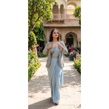 Bollywood Glam Ready-to-Wear Drape Saree with Embroidered Jacket & Belt