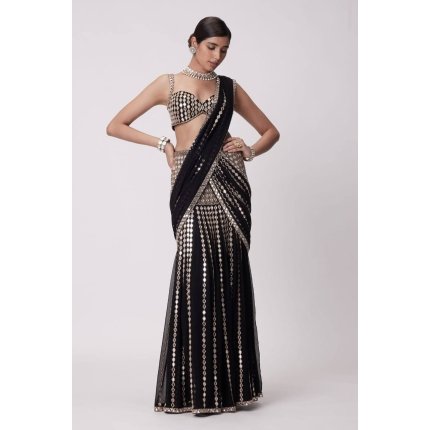 Black Mirror Work Lehenga Saree with Attached Dupatta