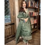 Women's Green Organza Silk Embroidered Kurti Palazzo Set with Dupatta