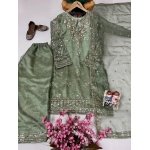 Women's Green Organza Silk Embroidered Kurti Palazzo Set with Dupatta - Image 6