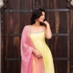 Pastel Yellow Anarkali 3-Piece Set with Pink Dupatta
