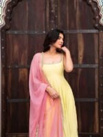 Pastel Yellow Anarkali 3-Piece Set with Pink Dupatta