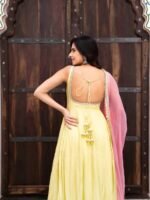 Pastel Yellow Anarkali 3-Piece Set with Pink Dupatta - Image 4