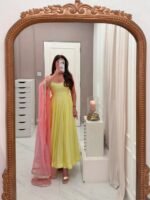Pastel Yellow Anarkali 3-Piece Set with Pink Dupatta - Image 7