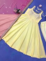 Pastel Yellow Anarkali 3-Piece Set with Pink Dupatta - Image 11