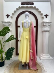 Pastel Yellow Anarkali 3-Piece Set with Pink Dupatta - Image 8