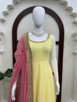Pastel Yellow Anarkali 3-Piece Set with Pink Dupatta - Image 6