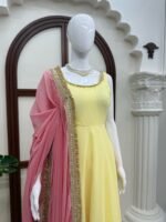 Pastel Yellow Anarkali 3-Piece Set with Pink Dupatta - Image 10