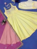 Pastel Yellow Anarkali 3-Piece Set with Pink Dupatta - Image 2