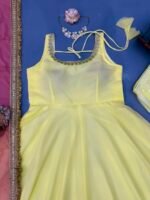 Pastel Yellow Anarkali 3-Piece Set with Pink Dupatta - Image 9