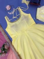 Pastel Yellow Anarkali 3-Piece Set with Pink Dupatta - Image 12