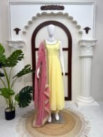 Pastel Yellow Anarkali 3-Piece Set with Pink Dupatta - Image 5